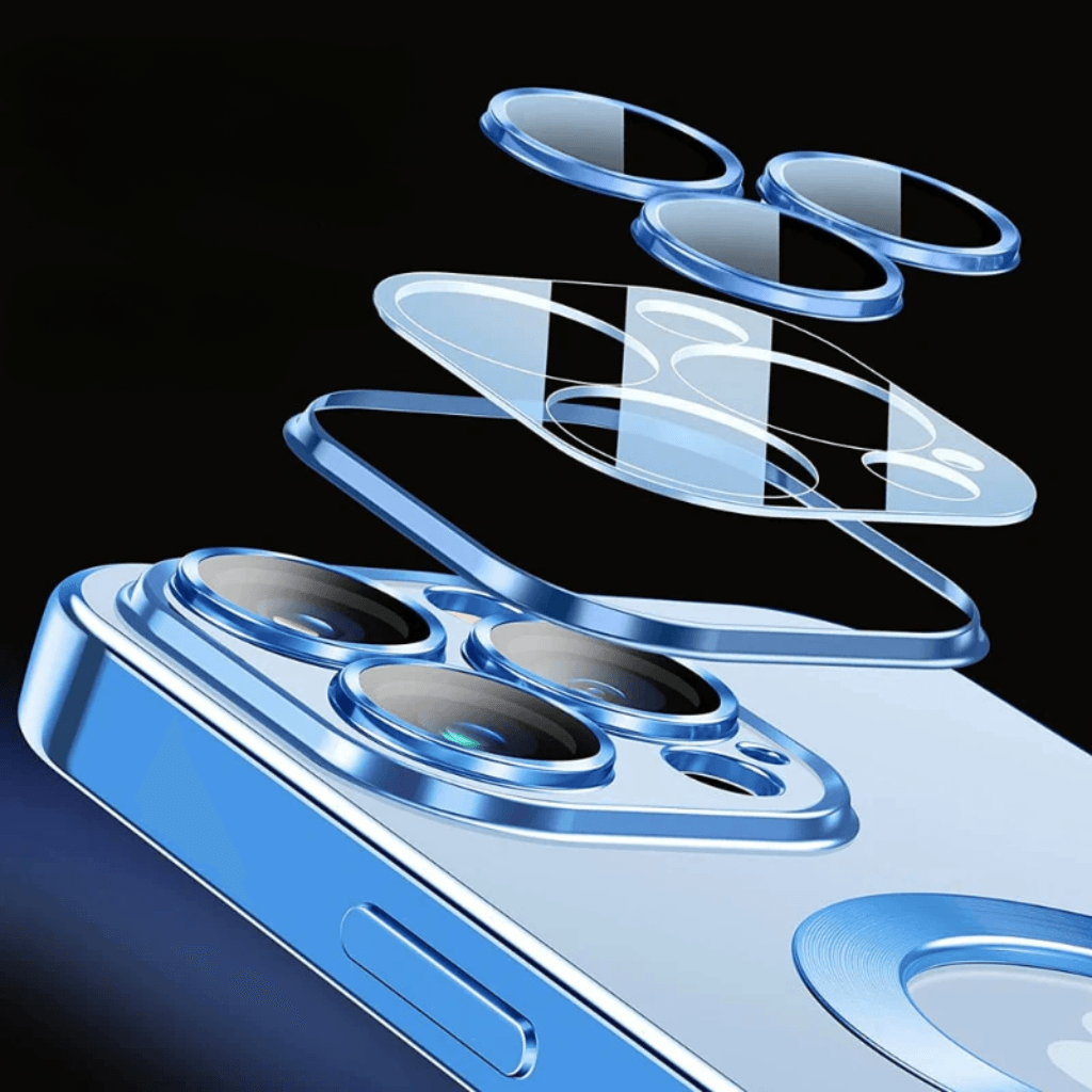 Coque iPhone bleue avec protection magnétique d'objectifs en verre trempé compatible MagSafe. - Wiqeo