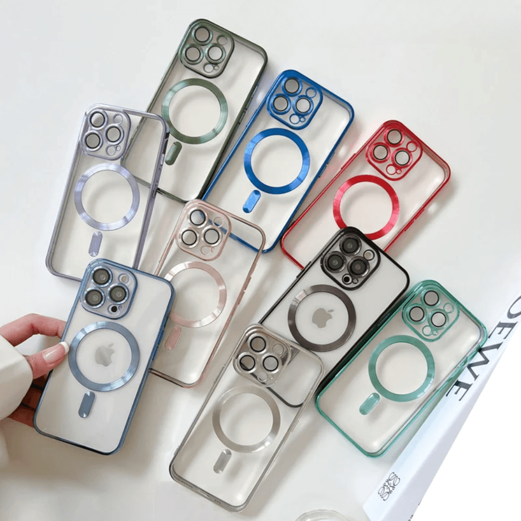 Coques magnétiques transparentes avec contour coloré et protection d'objectifs pour iPhone modèles 12 à 14. - Wiqeo