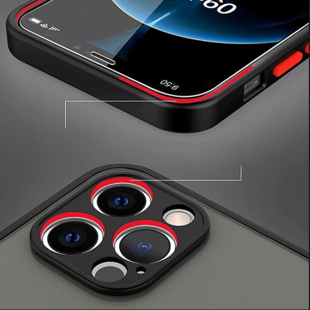 Coque noire avec bordure rouge fine et découpes précises pour caméra iPhone, compatible MagSafe. - Wiqeo