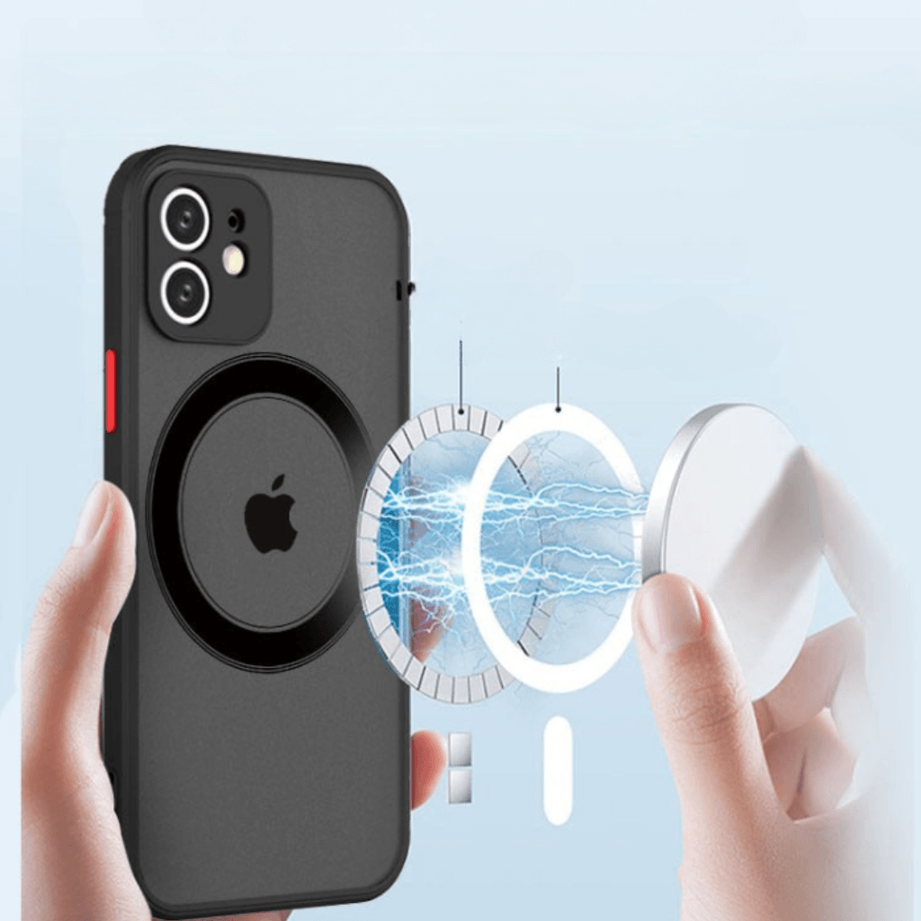 Coque noire mat compatible MagSafe avec intégration magnétique circulaire pour iPhone. - Wiqeo