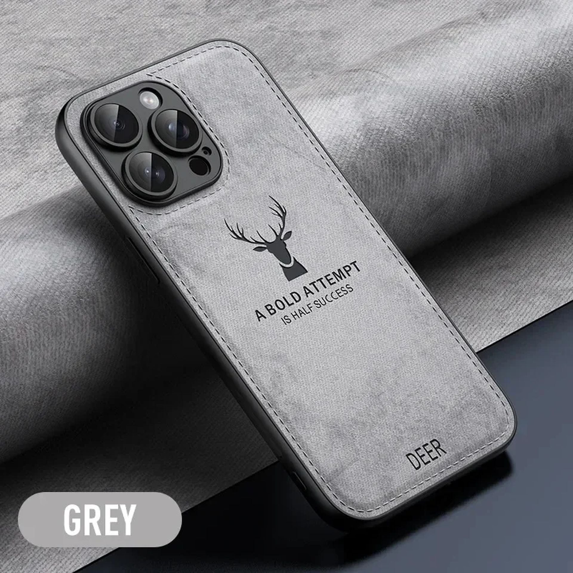 Coque Antichoc en Cuir Design Élégant avec Motif Cerf pour iPhone 14 Pro Max - Gris