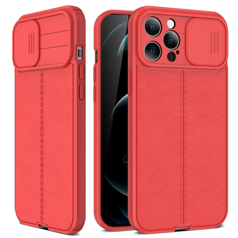 Coque Aspect Cuir Avec Protection Coulissante pour iPhone 12 Pro - Rouge