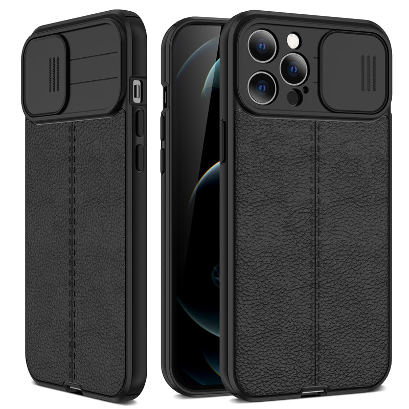 Coque Aspect Cuir Avec Protection Coulissante pour iPhone 14 Pro Max