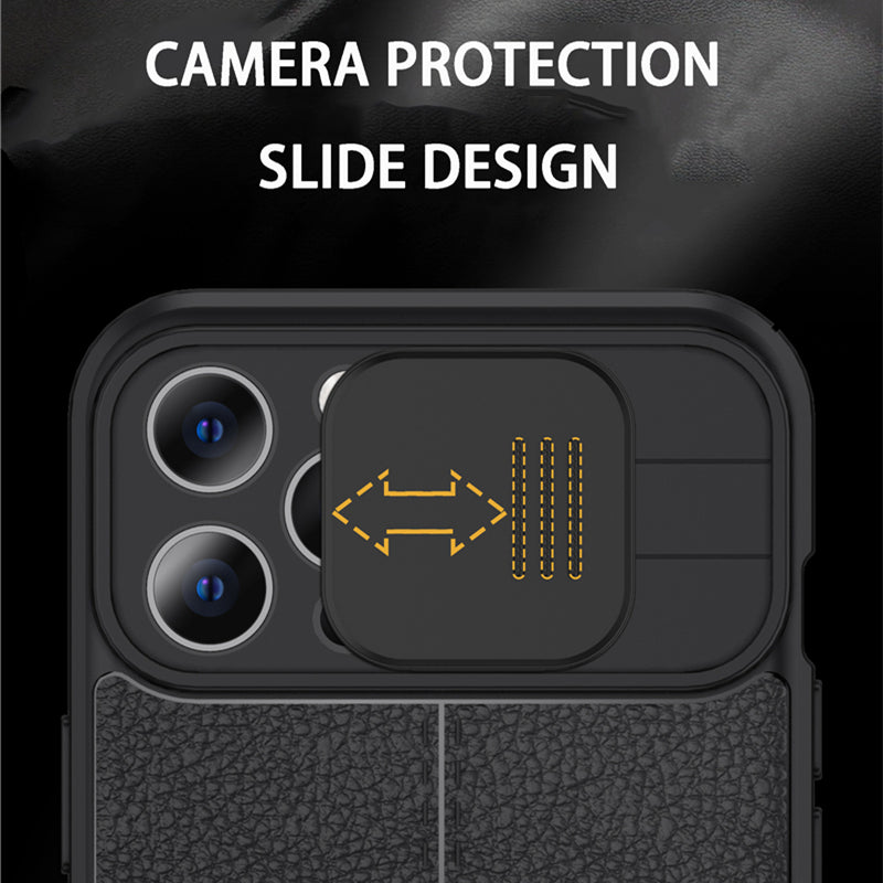 Coque Aspect Cuir Avec Protection Coulissante pour iPhone 14 Pro Max