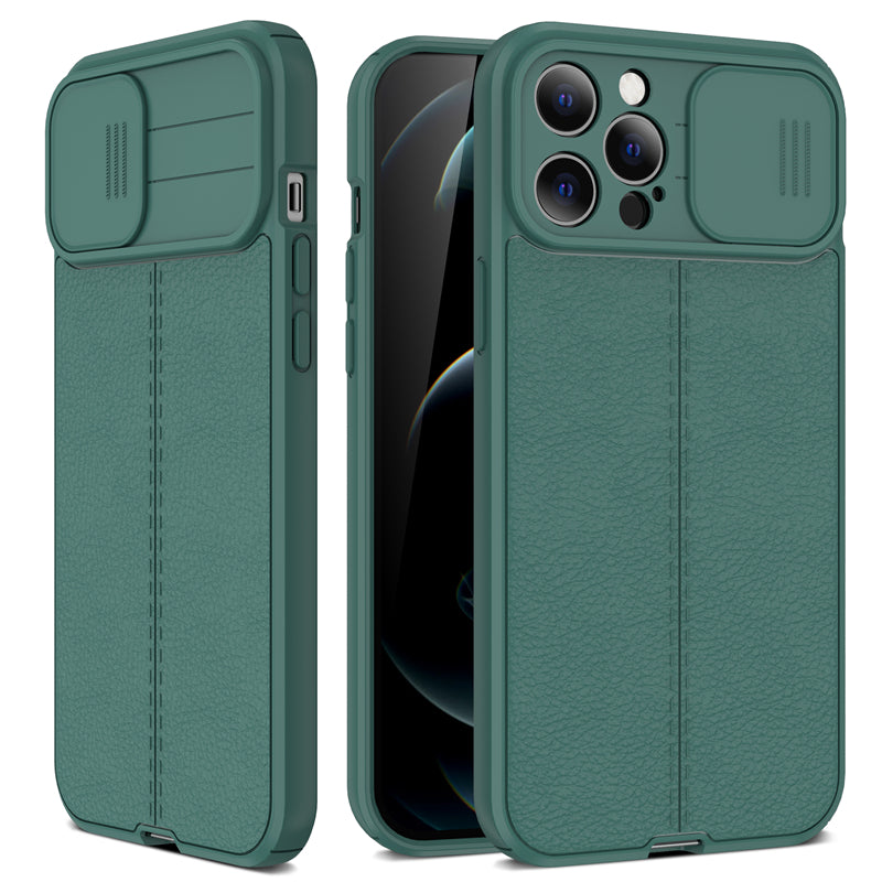 Coque Aspect Cuir Avec Protection Coulissante pour iPhone 14 Pro Max - Vert