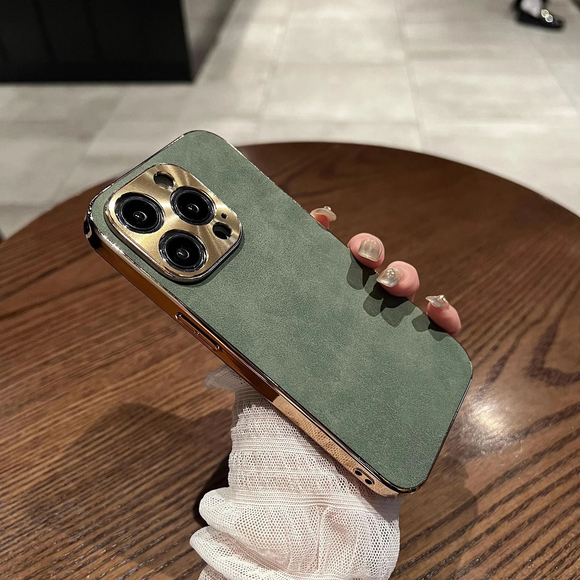 Coque Élégante En Cuir Avec Lentille Métallique pour iPhone 14 Pro Max - Vert