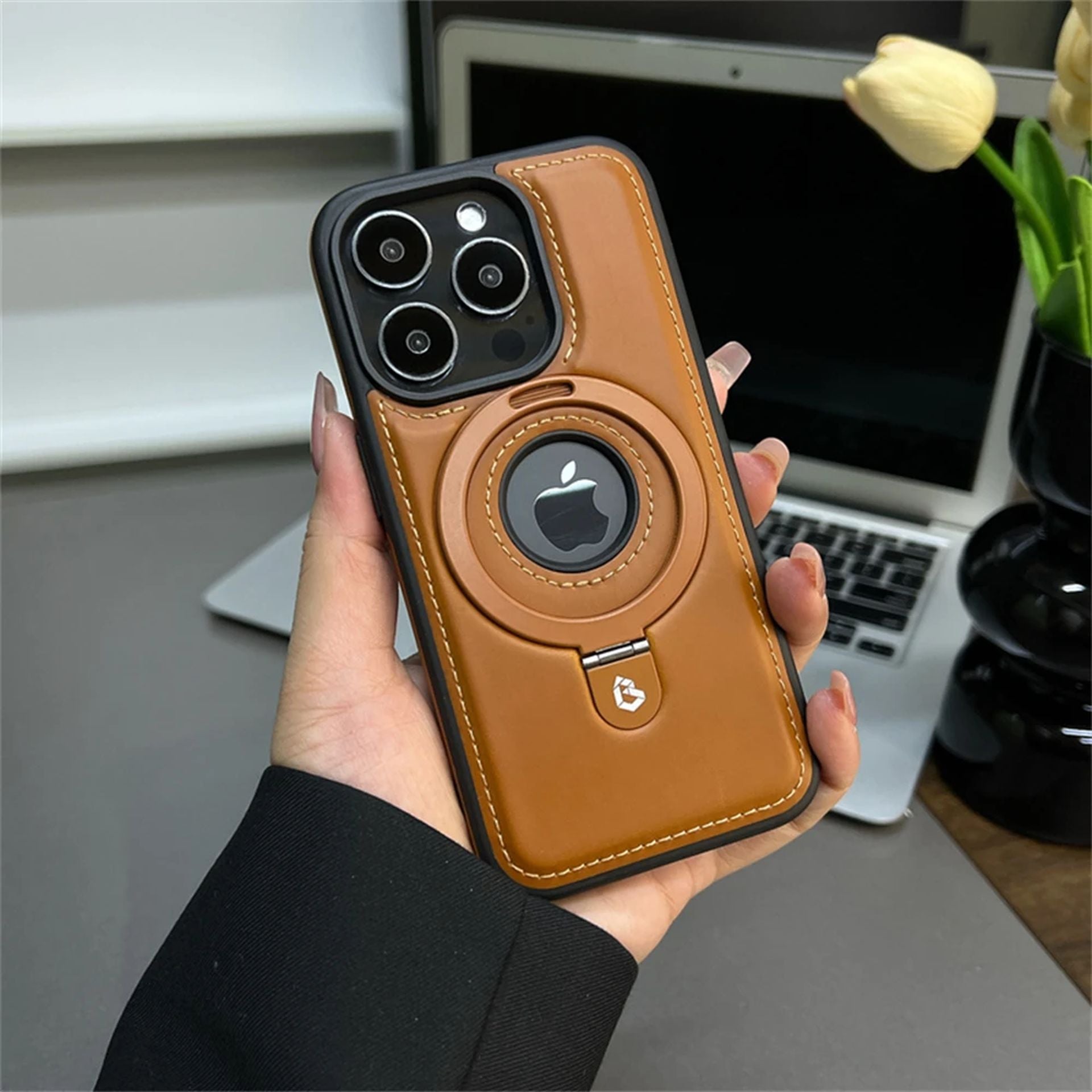 Coque Magnétique En Cuir PU Avec Anneau De Support pour iPhone 12 Pro Max - Marron