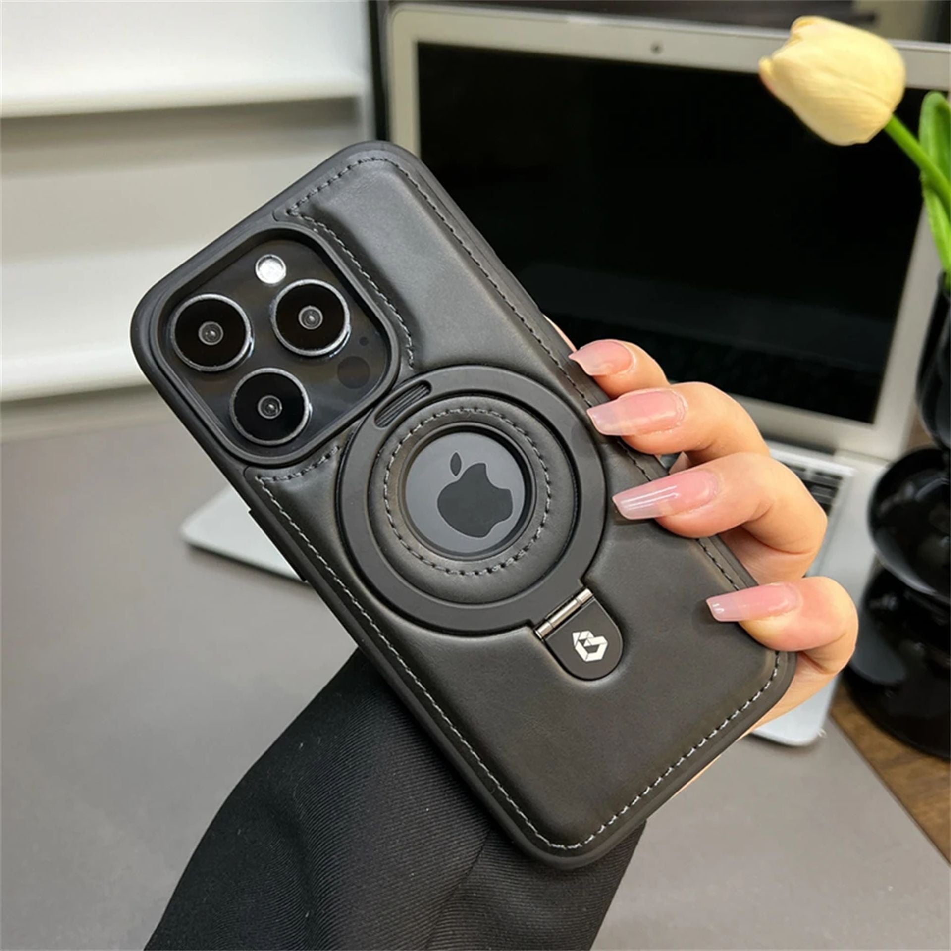 Coque Magnétique En Cuir PU Avec Anneau De Support pour iPhone 16 Pro