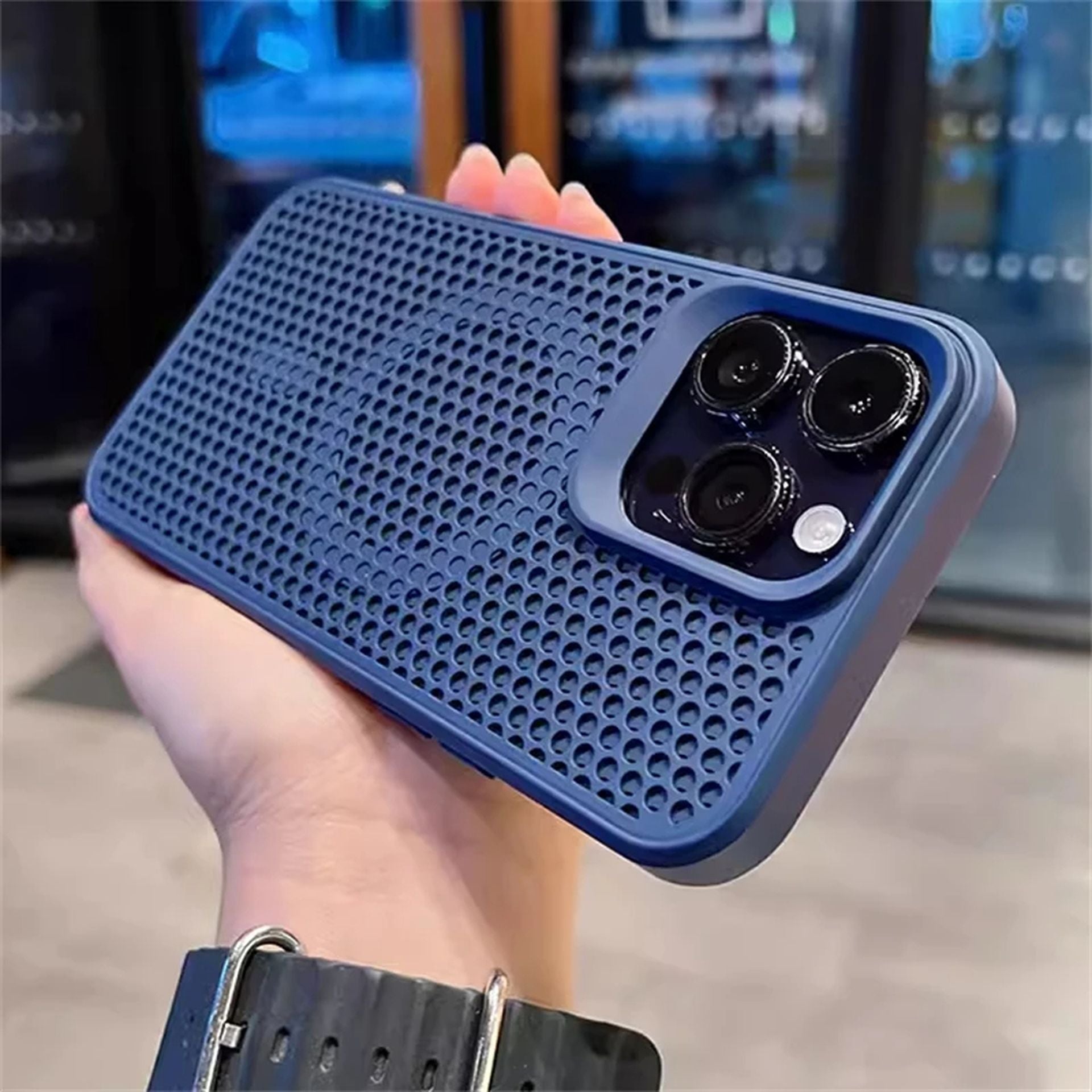 Coque magnétique respirante avec design en maille pour iPhone 12 Pro - Bleu