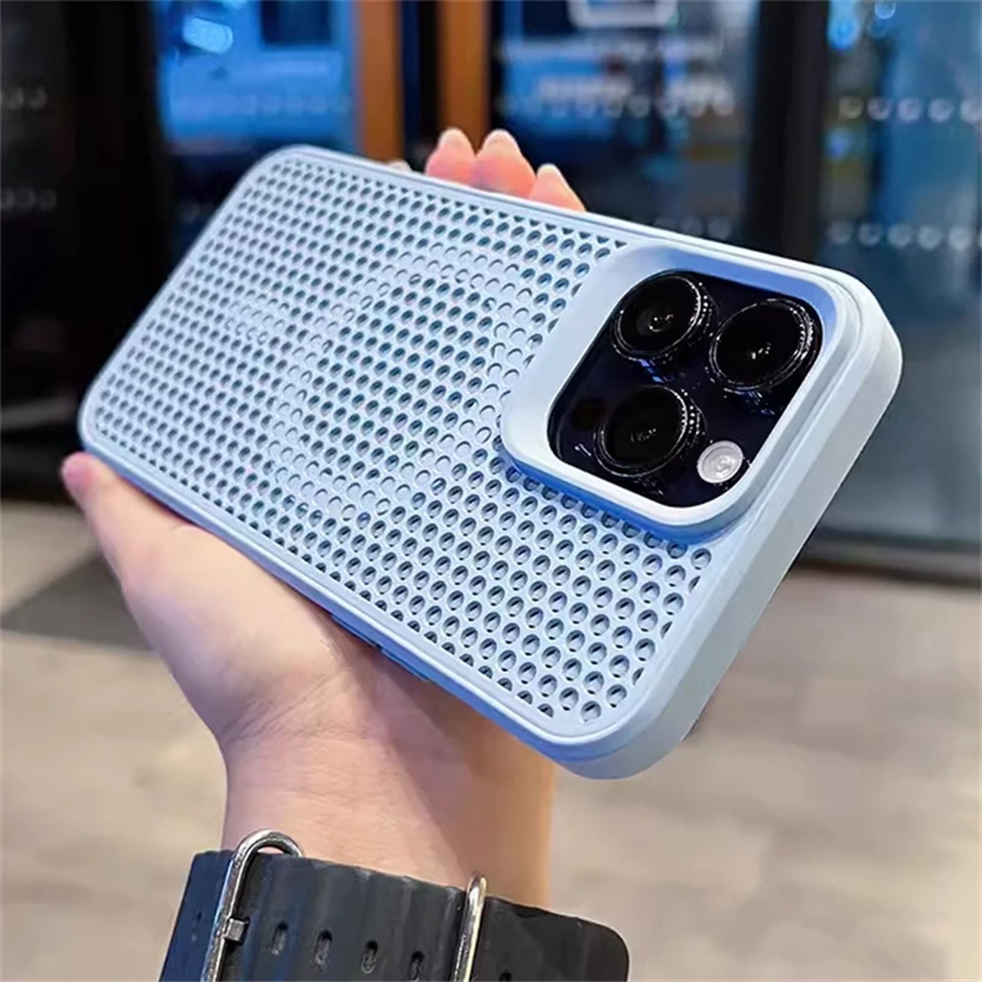 Coque magnétique respirante avec design en maille pour iPhone 12 Pro Max - Bleu Ciel
