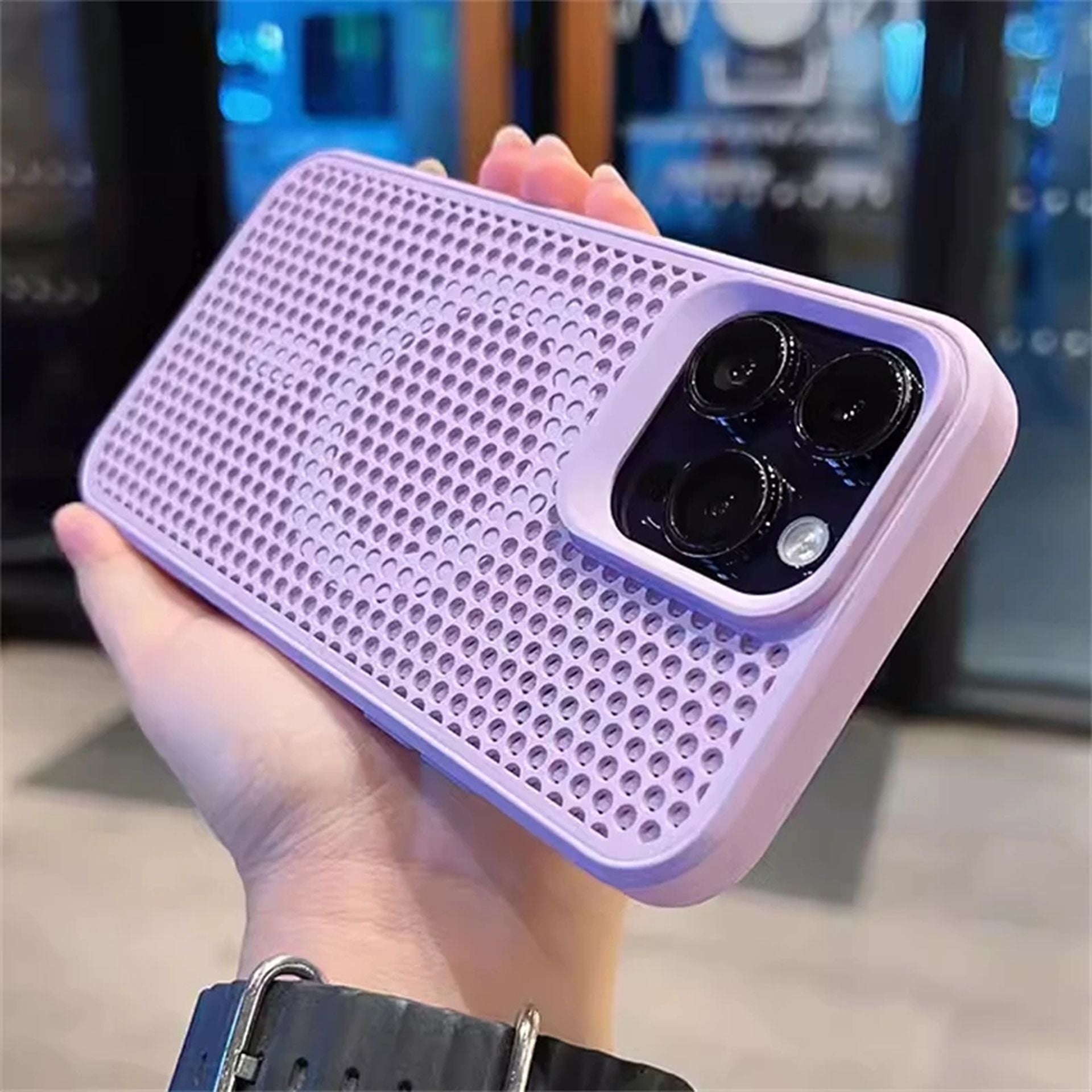 Coque magnétique respirante avec design en maille pour iPhone 15 Plus - Violet Clair