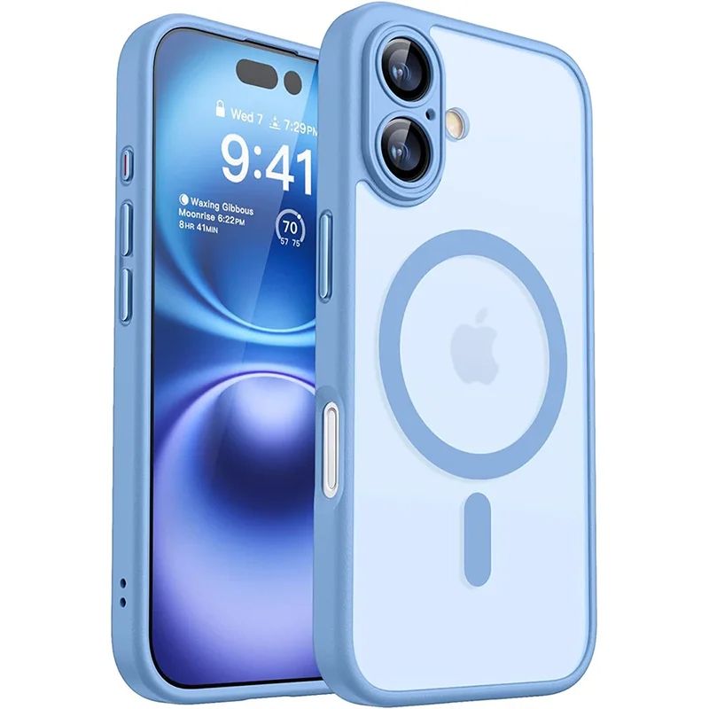 Coque Magnétique Translucide avec Bordures Renforcées pour iPhone 15 Plus - Bleu Ciel