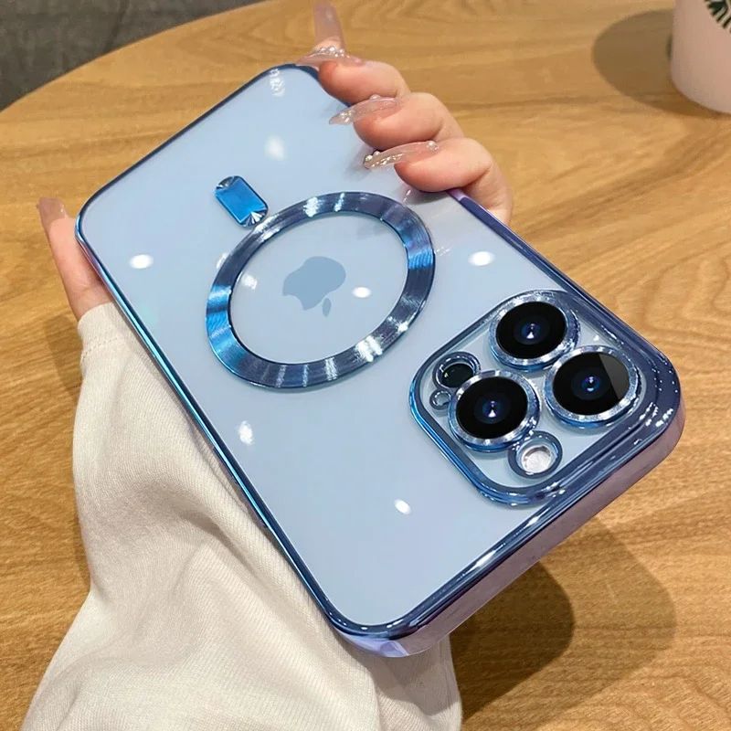 Coque Magnétique Transparente avec Anneau Support Compatible MagSage pour iPhone 16 Pro - Bleu Ciel