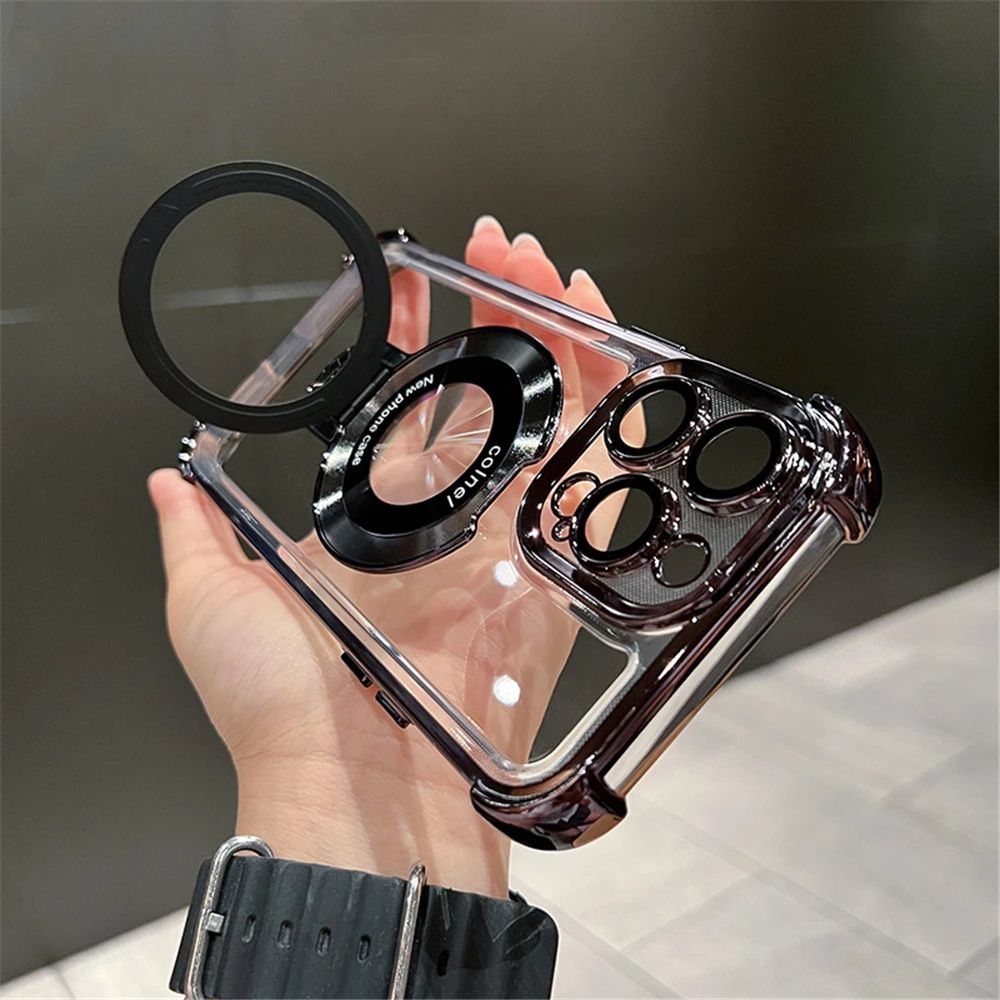 Coque Transparente Magnétique avec Anneau de Support Détachable pour iPhone 16 Pro - Noir