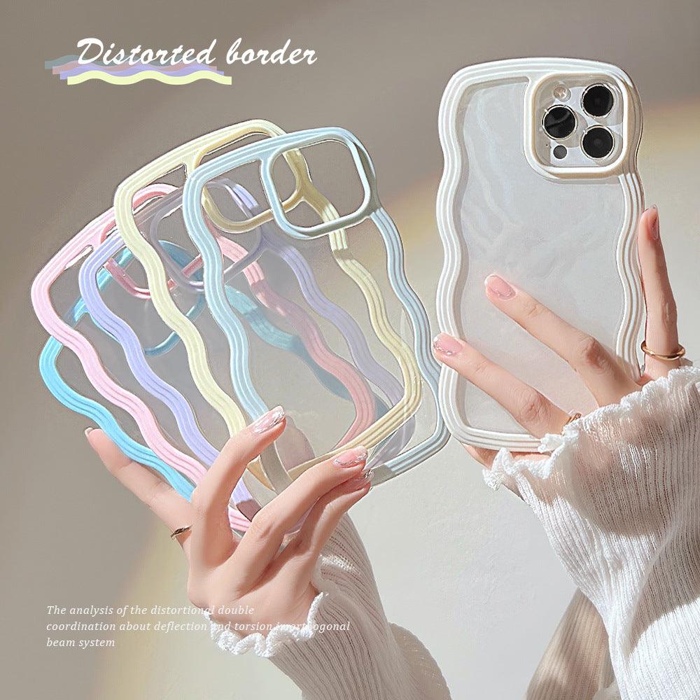 Coque iPhone 12 Pro Max transparent avec bordures déformées en noir, bleu ciel, rose, violet, blanc, jaune et bleu clair. - Wiqeo