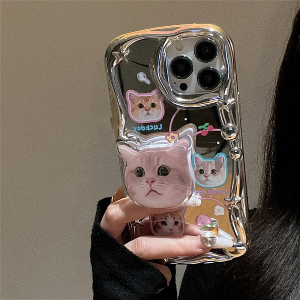Coque iPhone 15 transparente avec chat rose 3D et anneau de support, design ludique. - Wiqeo