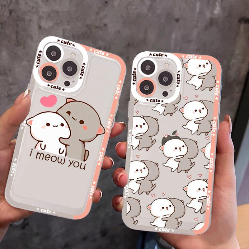 Coques iPhone 12 Pro transparentes avec motifs de chats animés blancs et gris, texte "I meow you" et petits cœurs roses. - Wiqeo
