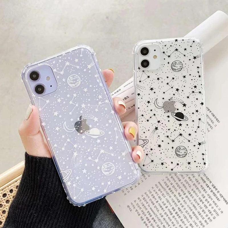 Coque transparente pour iPhone 15 Plus avec motifs constellation noirs sur fond blanc et blanc sur fond noir. - Wiqeo