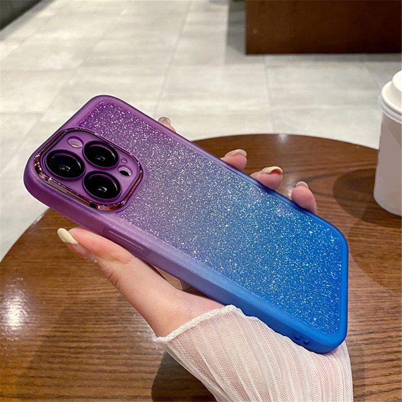 Coque iPhone 12 Pro dégradé violet à bleu avec paillettes et contour renforcé en silicone. - Wiqeo