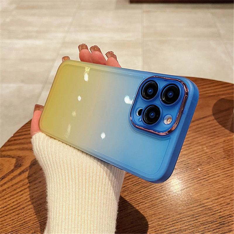 Coque iPhone 13 Pro Max dégradé jaune clair vers bleu avec bords bleus et transparentes aux coins. - Wiqeo