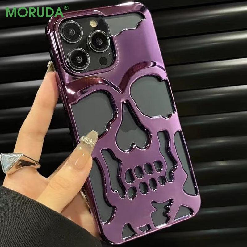 Coque iPhone 15 violette brillante avec design crâne noir en acrylique éclatant. - Wiqeo