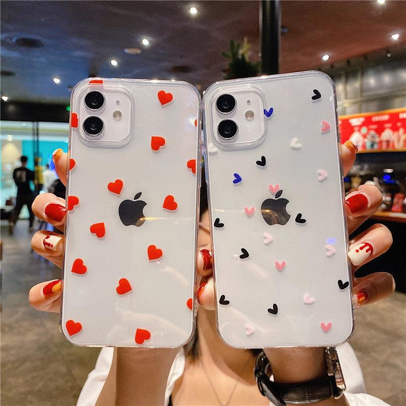 Coque iPhone 15 Pro Max transparente avec petits cœurs rouges minimalistes et bords blancs. . - Wiqeo