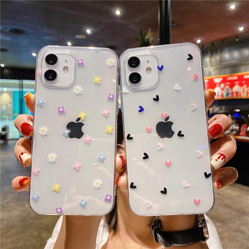 Coques transparentes pour iPhone 15 Pro Max avec petits dessins minimalistes de fleurs colorées et de cœurs noirs. - Wiqeo