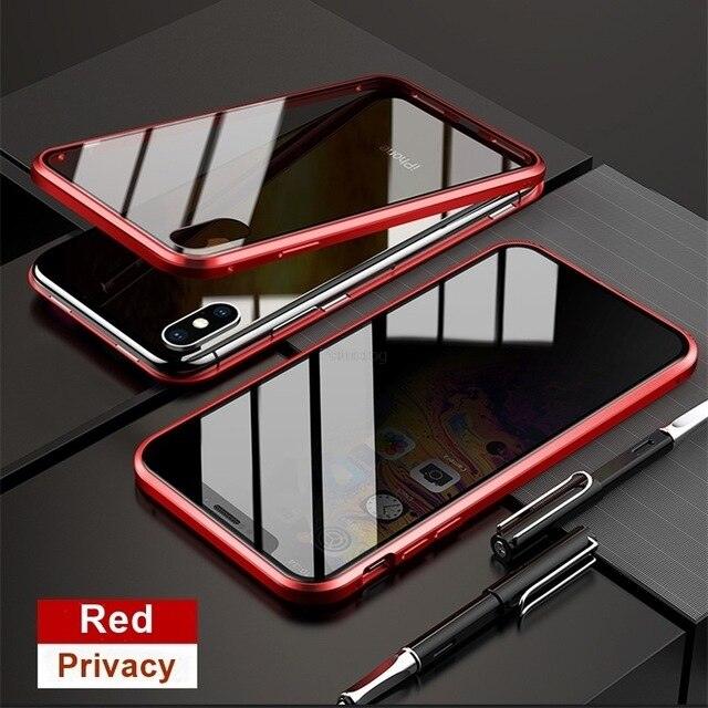 Coque en métal rouge brillant pour iPhone 15 Pro Max avec protection anti-espion et finitions métalliques lisses. - Wiqeo