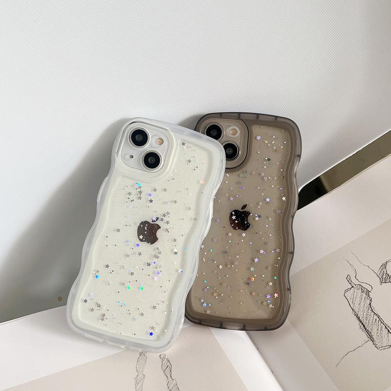 Coque iPhone 14 Plus transparente avec motif vague, paillettes, coloris blanc et noir transparent. - Wiqeo