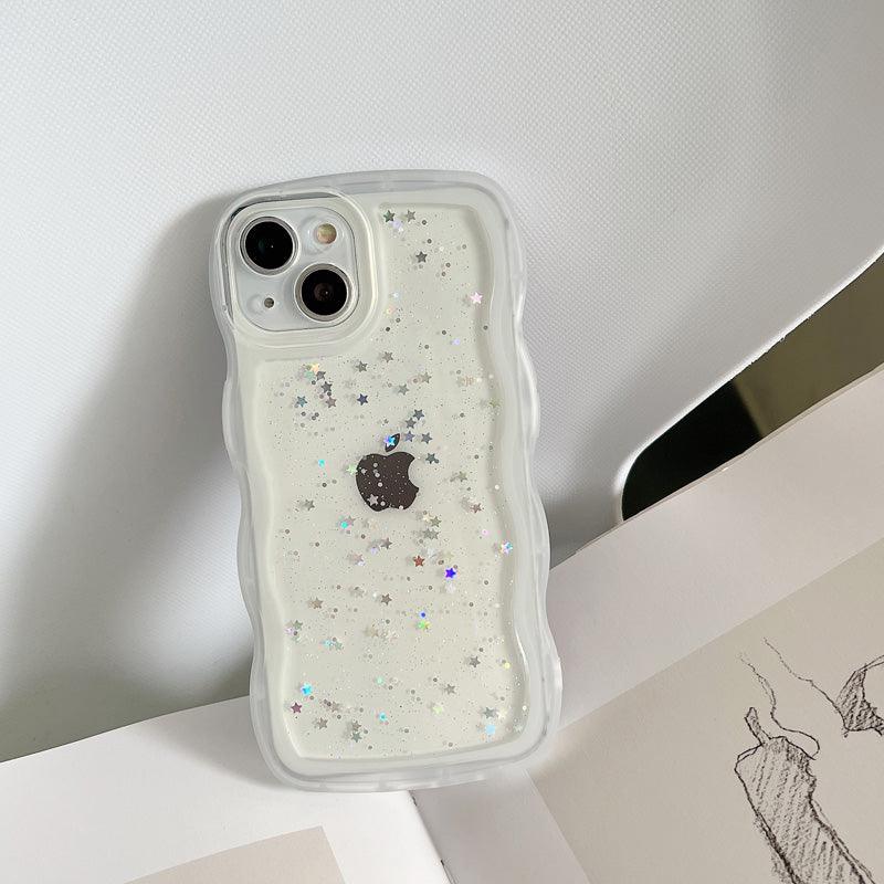 Coque iPhone 15 transparente blanche avec motifs en vagues et paillettes colorées. - Wiqeo