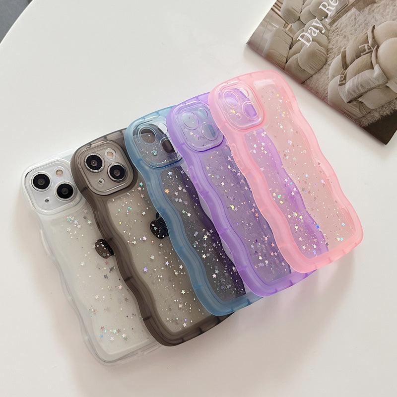 Coques iPhone 15 Pro Max transparentes avec motifs de vagues multicolores et paillettes, noir, bleu, rose, violet et blanc. - Wiqeo