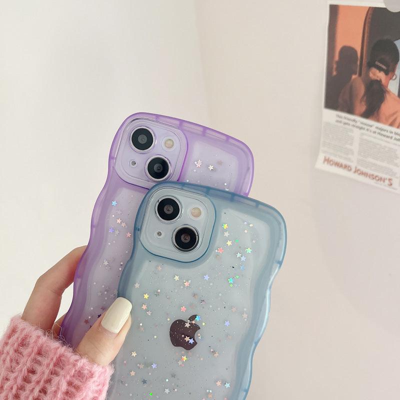 Coques iPhone 15 Pro Max transparentes avec bords en vagues, paillettes bleues et violettes, finition brillante. - Wiqeo