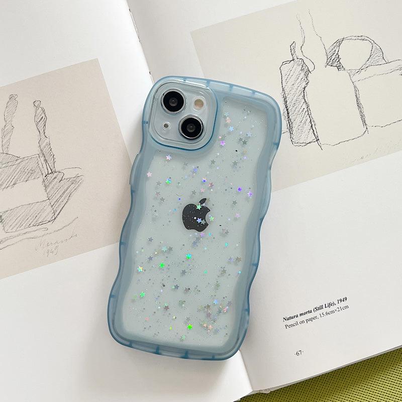 Coque bleue transparente pour iPhone 15 Pro Max avec effet vague et paillettes scintillantes. - Wiqeo