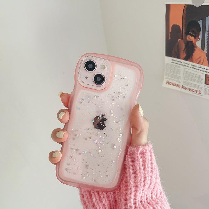 Coque rose transparente pour iPhone 15 Pro Max avec motifs de vagues et paillettes scintillantes. - Wiqeo