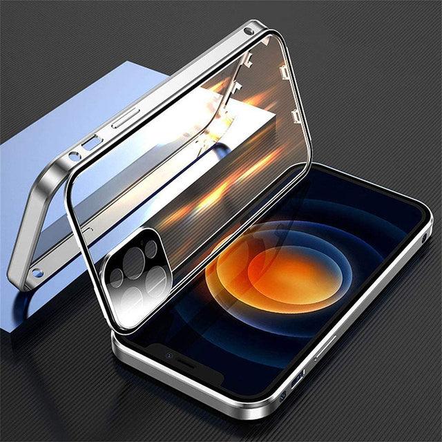 Coque en verre double face magnétique argentée pour iPhone 12 Pro Max avec contours métalliques et design épuré. - Wiqeo