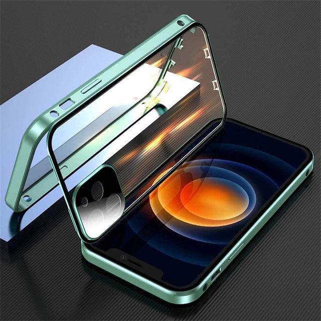 Coque magnétique double face verre vert pour iPhone 13 Pro Max avec cadre métallique fin. - Wiqeo