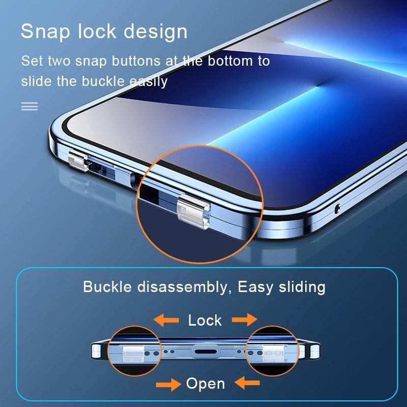 Coque en verre bleu pour iPhone 14 Plus avec fermeture magnétique à glissière et boutons à encliquetage double face. - Wiqeo