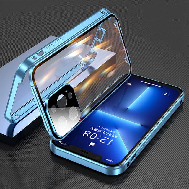 Coque en verre bleu métallisé double face magnétique pour iPhone 14 Plus avec protection complète. - Wiqeo