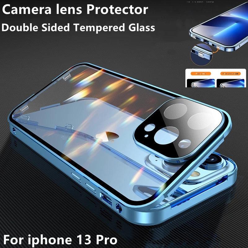 Coque magnétique double face en verre bleu pour iPhone 14 Pro Max avec protection d'objectif caméra en verre trempé. - Wiqeo