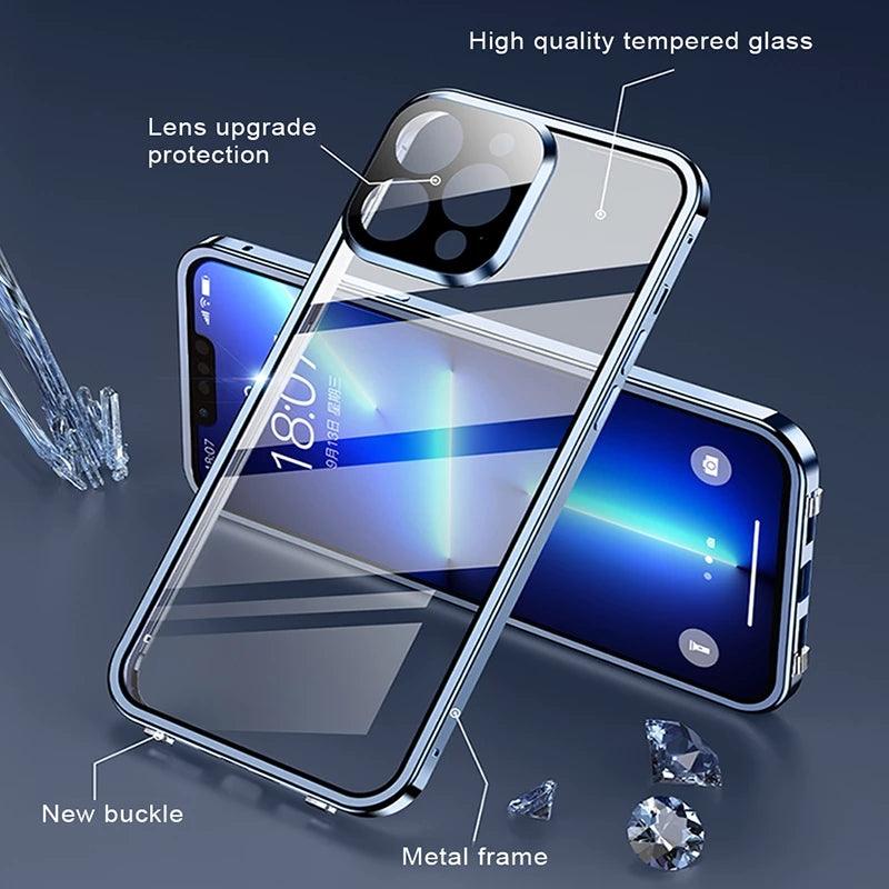 Coque iPhone 15 Plus double face en verre trempé transparent avec cadre métallique argenté et protection d'objectif renforcée. - Wiqeo