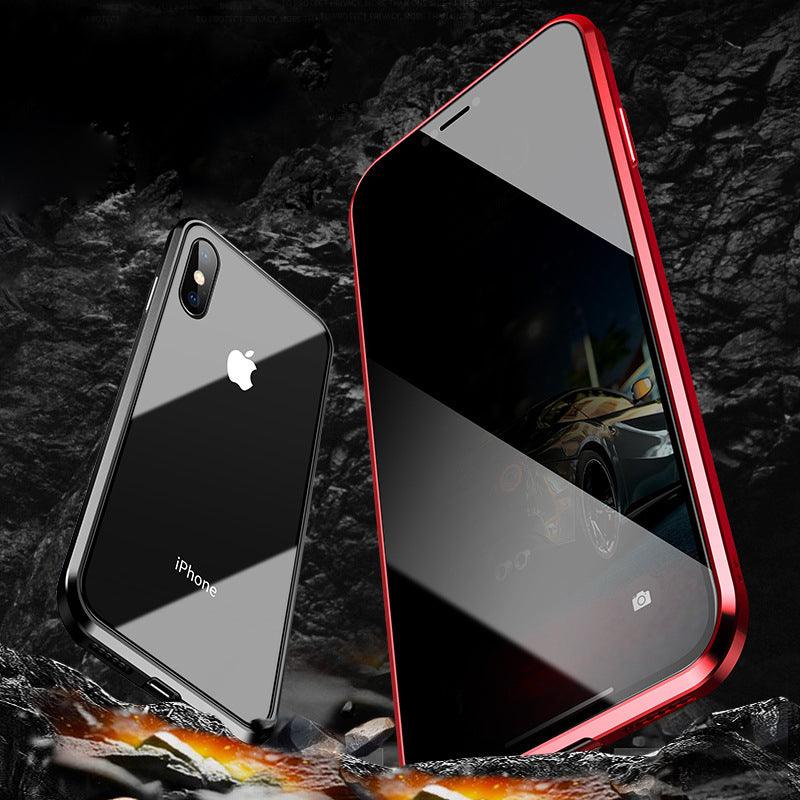 Coque magnétique anti-espionnage rouge avec verre trempé pour iPhone 15 posé à côté d’un iPhone noir brillant. - Wiqeo