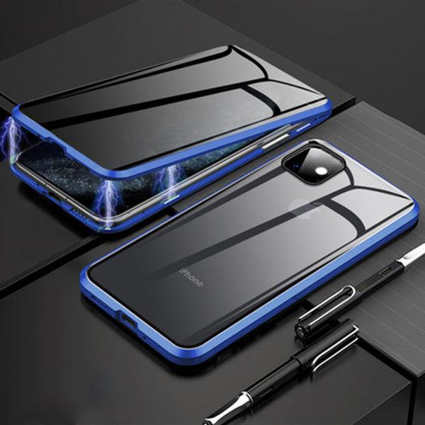 Coque magnétique anti-espionnage bleu pour iPhone 15 avec finition brillante et bordure renforcée. - Wiqeo