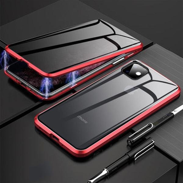 Coque iPhone 15 noire avec cadre rouge en verre magnétique anti-espionnage, surface brillante. - Wiqeo