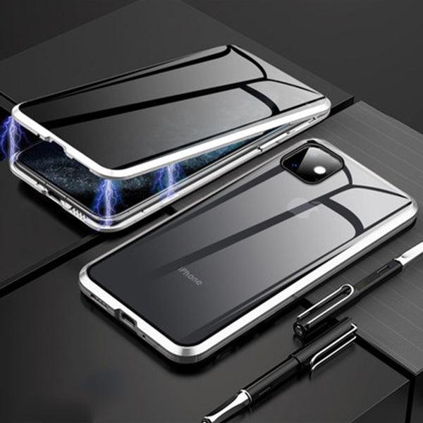 Coque iPhone 15 noire en verre avec bordure magnétique argentée, design anti-espionnage brillant. - Wiqeo