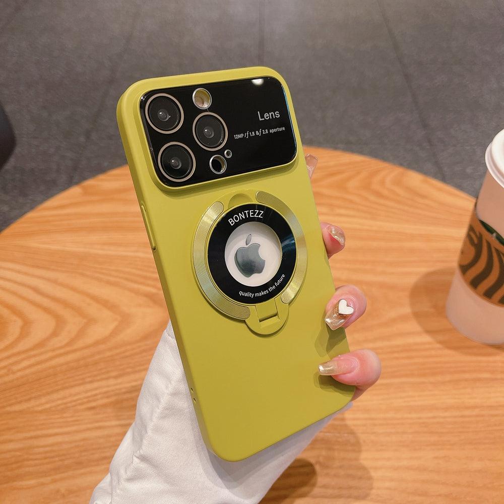 Coque jaune pour iPhone 15 avec support rabattable circulaire et espace caméra noir marqué Lens. - Wiqeo