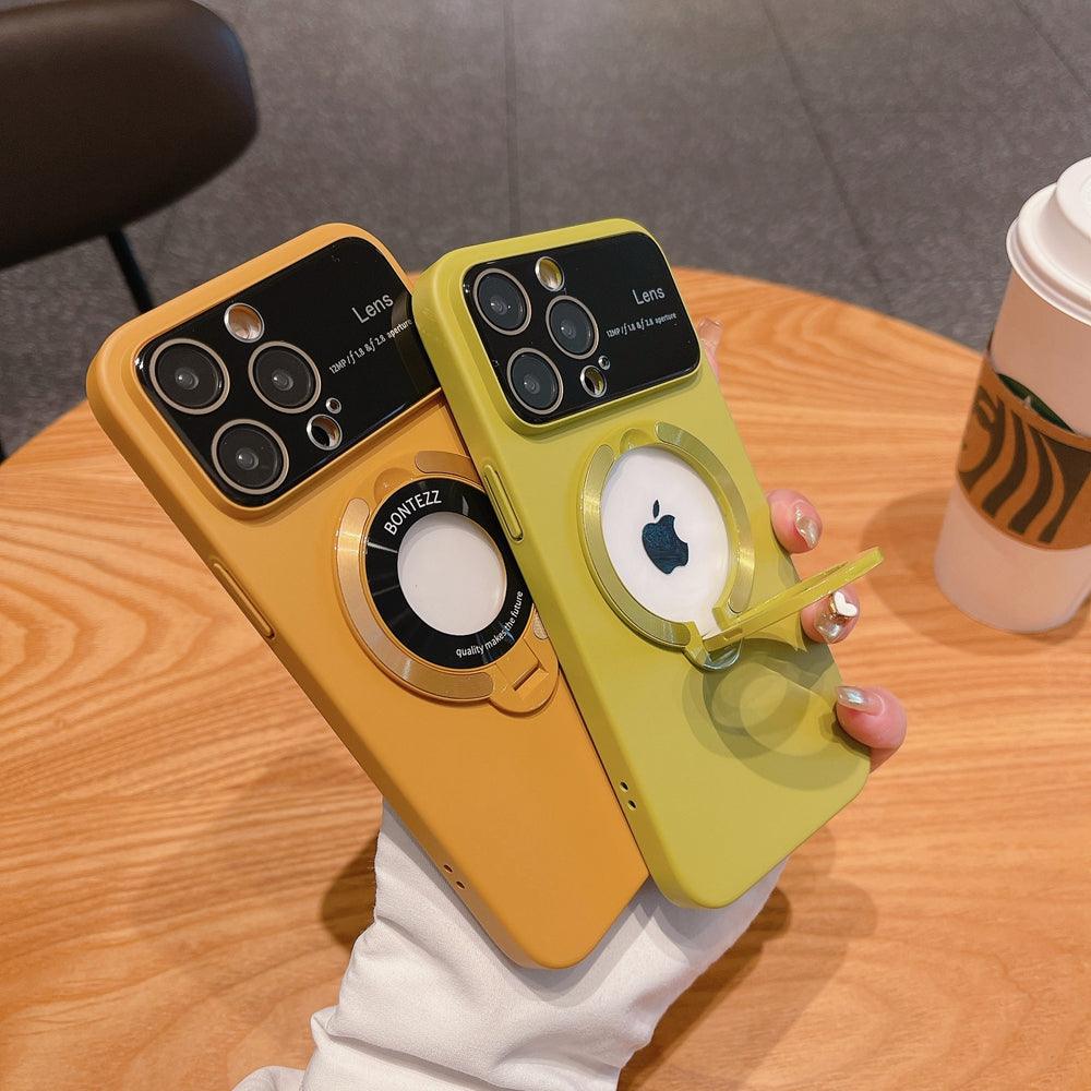 Coque Magsafe jaune et kaki avec support rabattable rond et boucle pour écouteurs rose. - Wiqeo