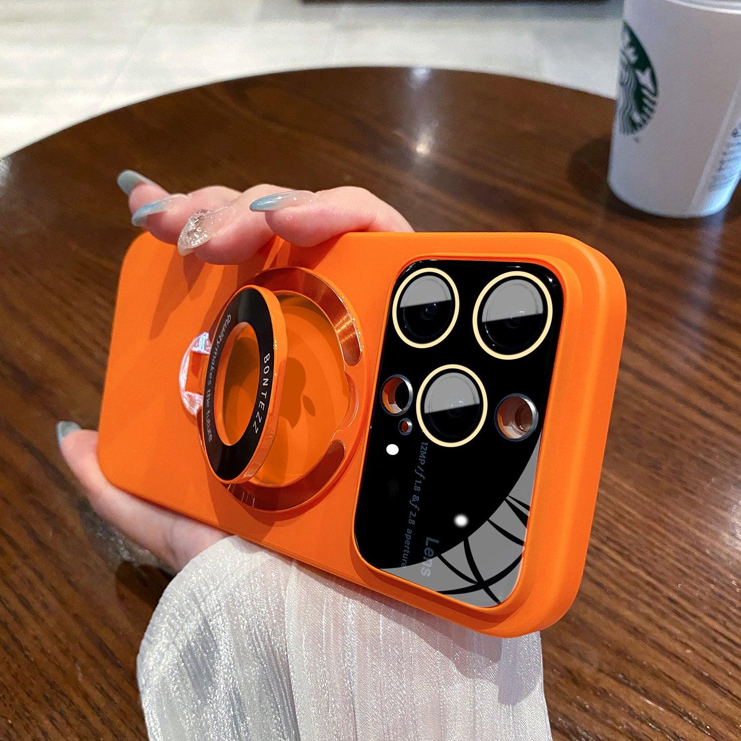 Coque orange Magsafe pour iPhone 15 Pro Max avec support rabattable circulaire en gros plan. - Wiqeo