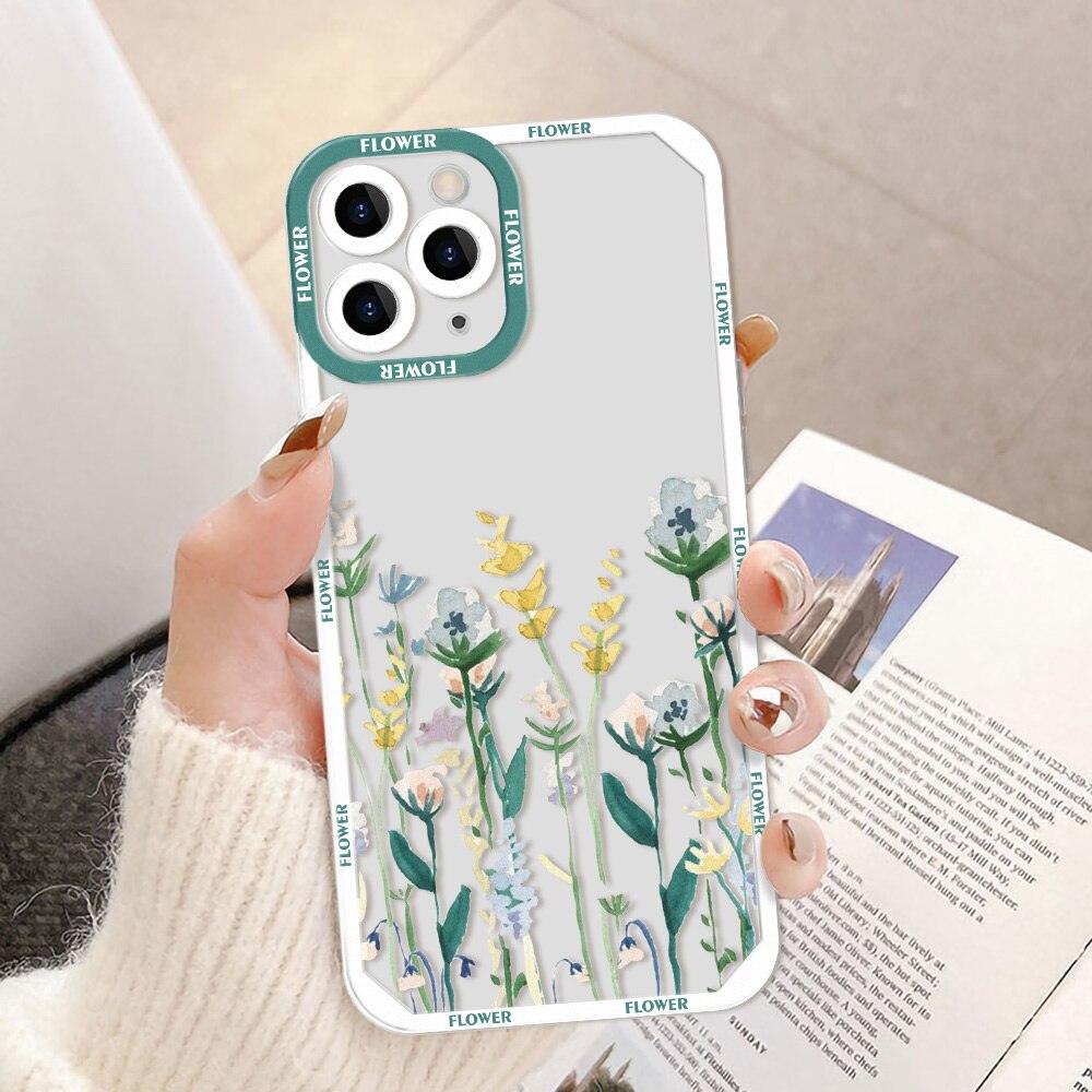 Coque iPhone 12 Pro blanche avec motifs floraux colorés et bordures renforcées turquoise. - Wiqeo