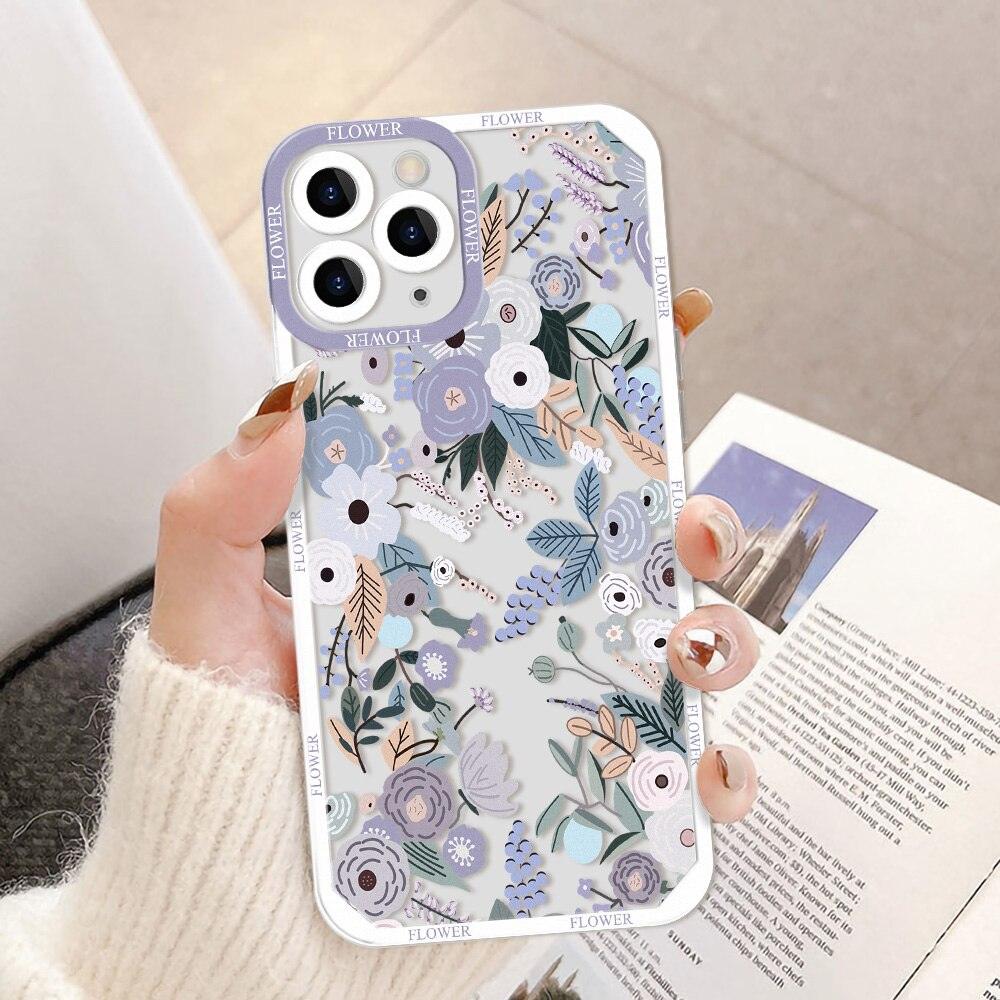Coque iPhone 12 Pro Max blanche avec motif floral violet et bleu, bordures renforcées blanches. - Wiqeo