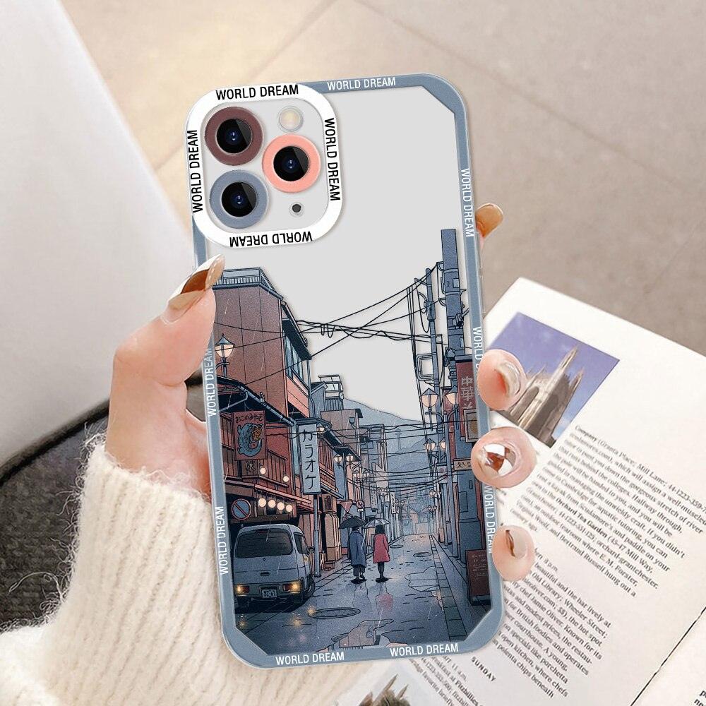Coque iPhone 15 avec motif urbain détaillé et bordures renforcées bleues, style ville moderne. - Wiqeo
